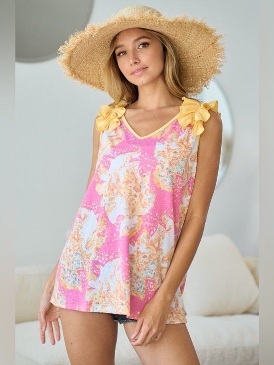 BiBi Printed V Neck Ruffled Tank - Picture 3 of 4